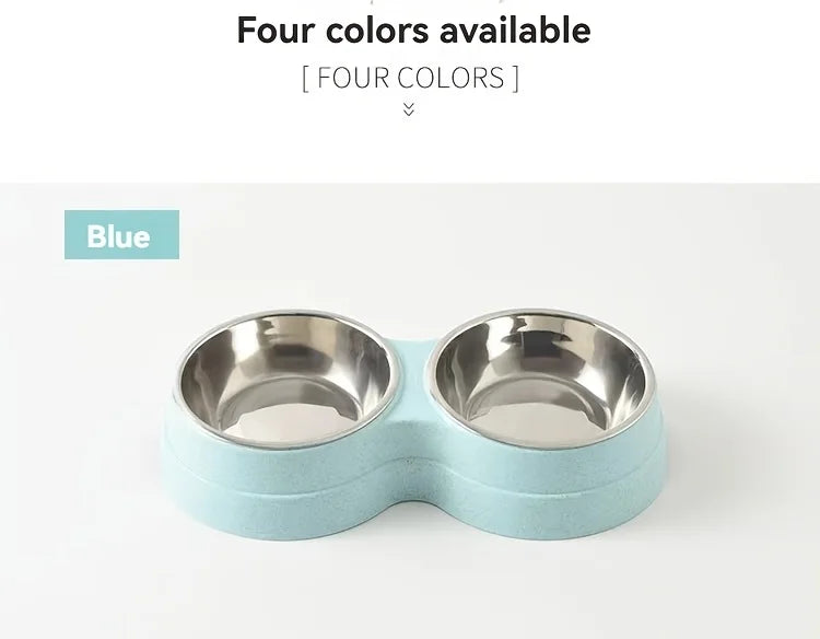 Ein blau-silbernes Doppel-Schüsselset aus Edelstahl für Hunde und Katzen.
