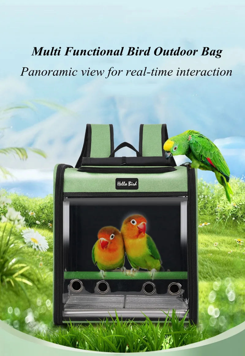 A multi functional bird outdoor bag with a panoramic view showing a parrot inside for real-time interaction.