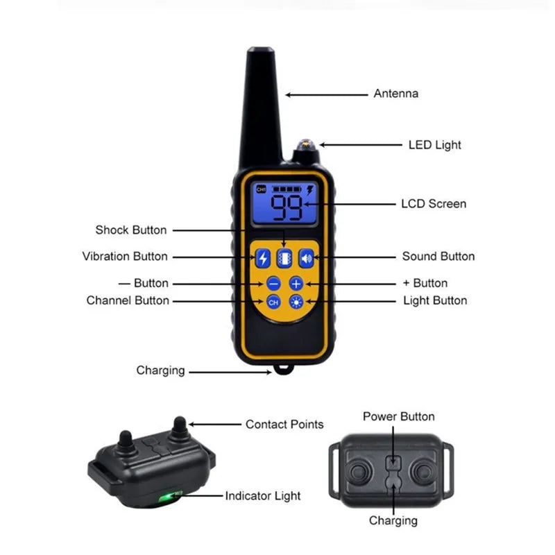 A black remote dog training collar with an antenna, LED light, LCD screen, and various buttons for control and charging.