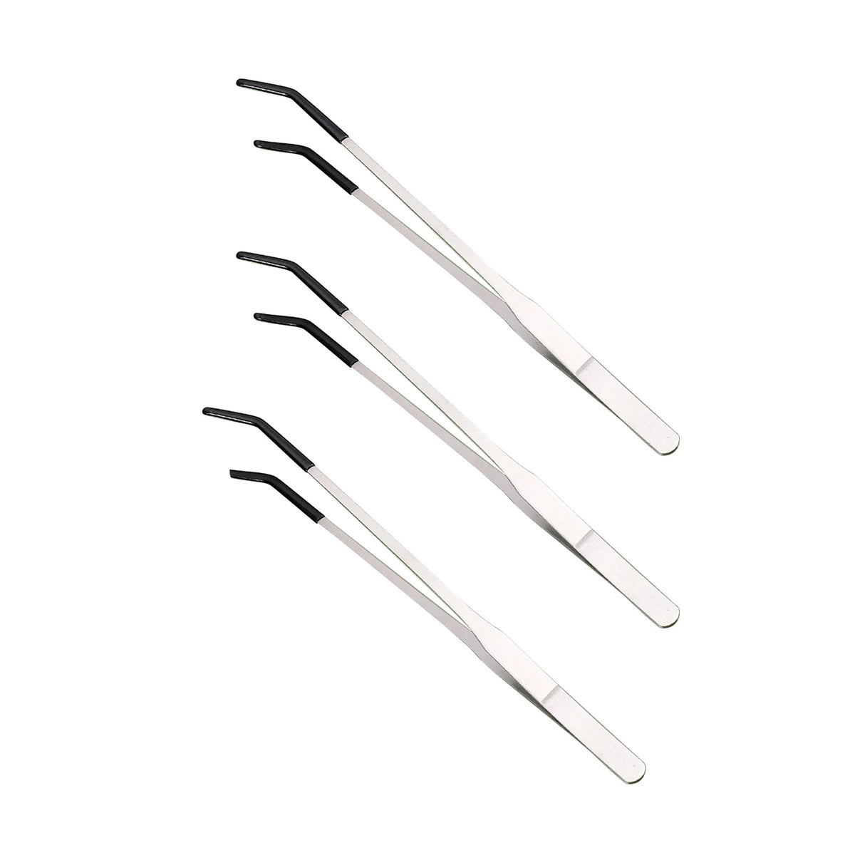 Three stainless steel reptile feeding tongs with rubber tips shown diagonally.