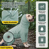 A light green dog raincoat is shown outdoors, demonstrating its breathable and waterproof features for protection against win