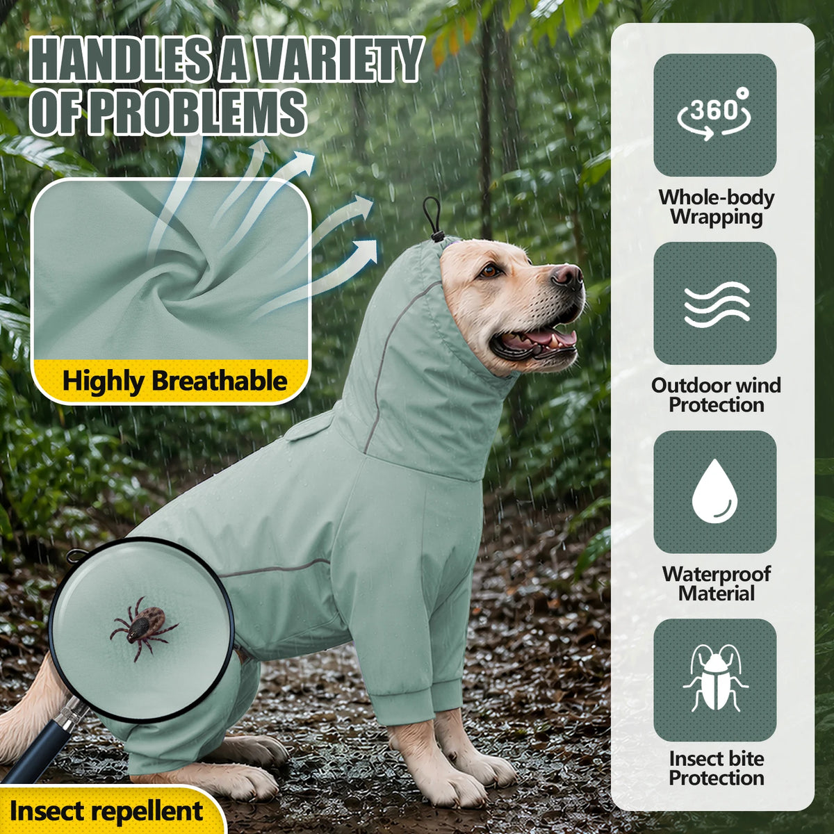 A light green dog raincoat is shown outdoors, demonstrating its breathable and waterproof features for protection against win