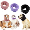 Three colored pet ear muffs are shown alongside three dogs of different breeds.