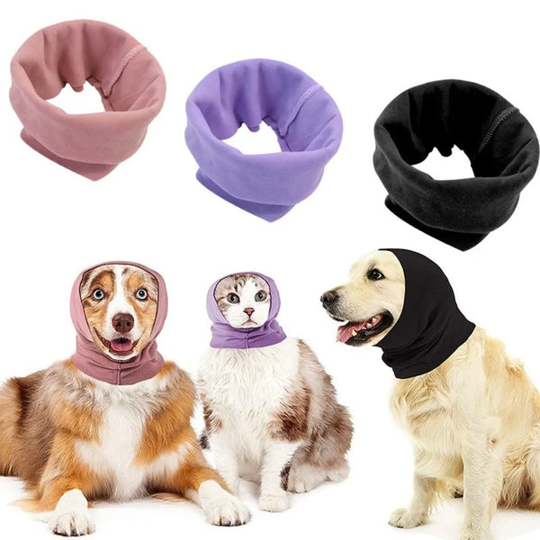 Three colored pet ear muffs are shown alongside three dogs of different breeds.