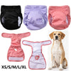 Calzoncillos sanitarios reutilizables a prueba de fugas para perros, mostrados en colores negro, morado y rosa con un perro.