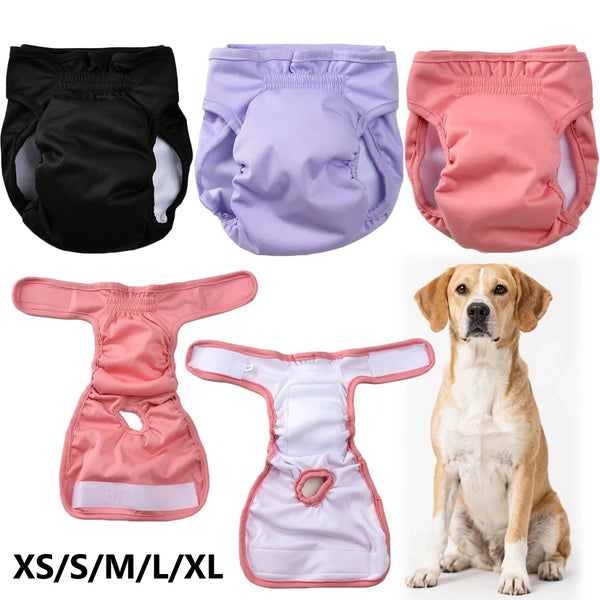 Calzoncillos sanitarios reutilizables a prueba de fugas para perros, mostrados en colores negro, morado y rosa con un perro.