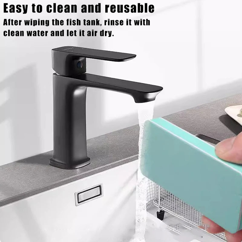 A black faucet is shown dispensing clean water into a mesh cleaning tool for a fish tank.