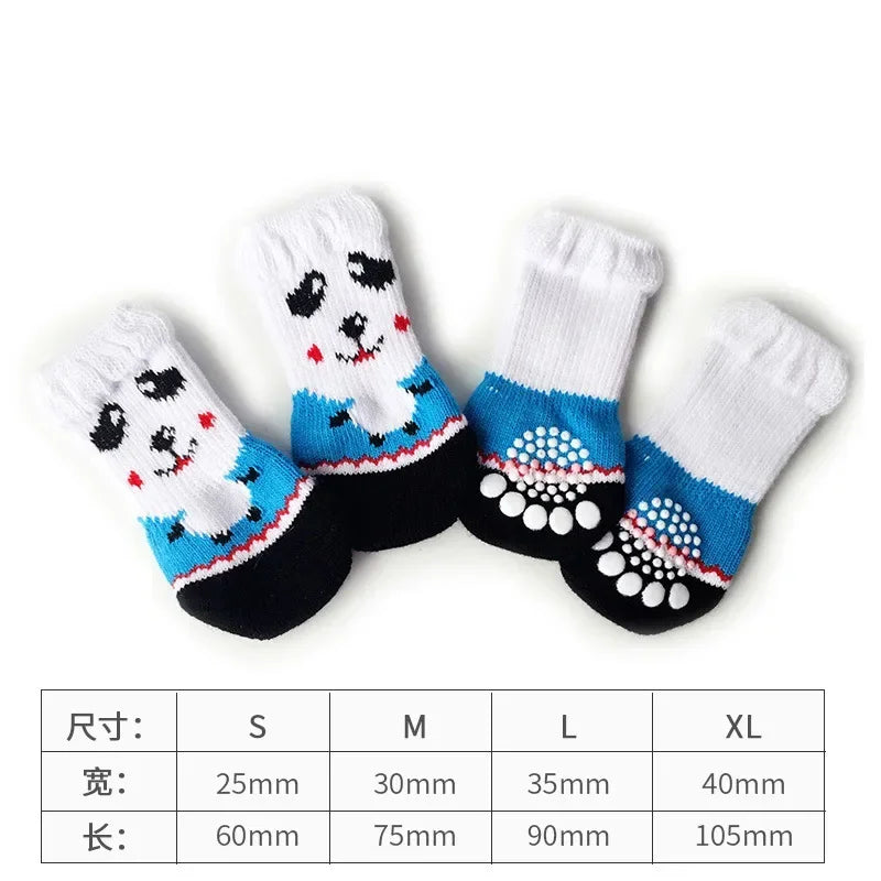 A set of cute pet dog and cat shoes in various sizes S to XL with different colored patterns