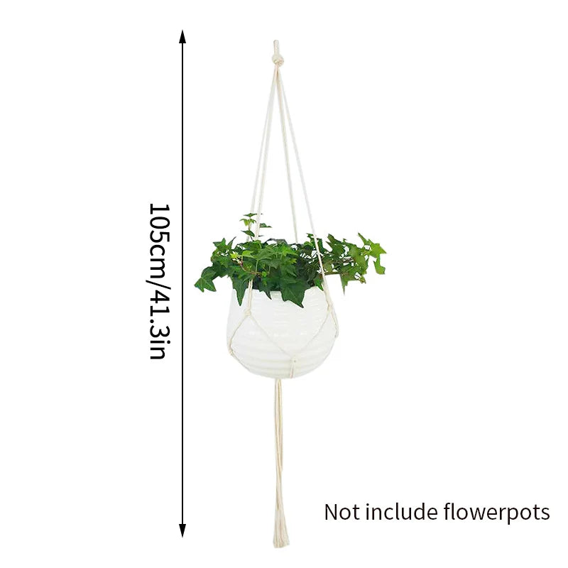 White macrame plant hanger with a hanging plant and a long cord for indoor or outdoor decor