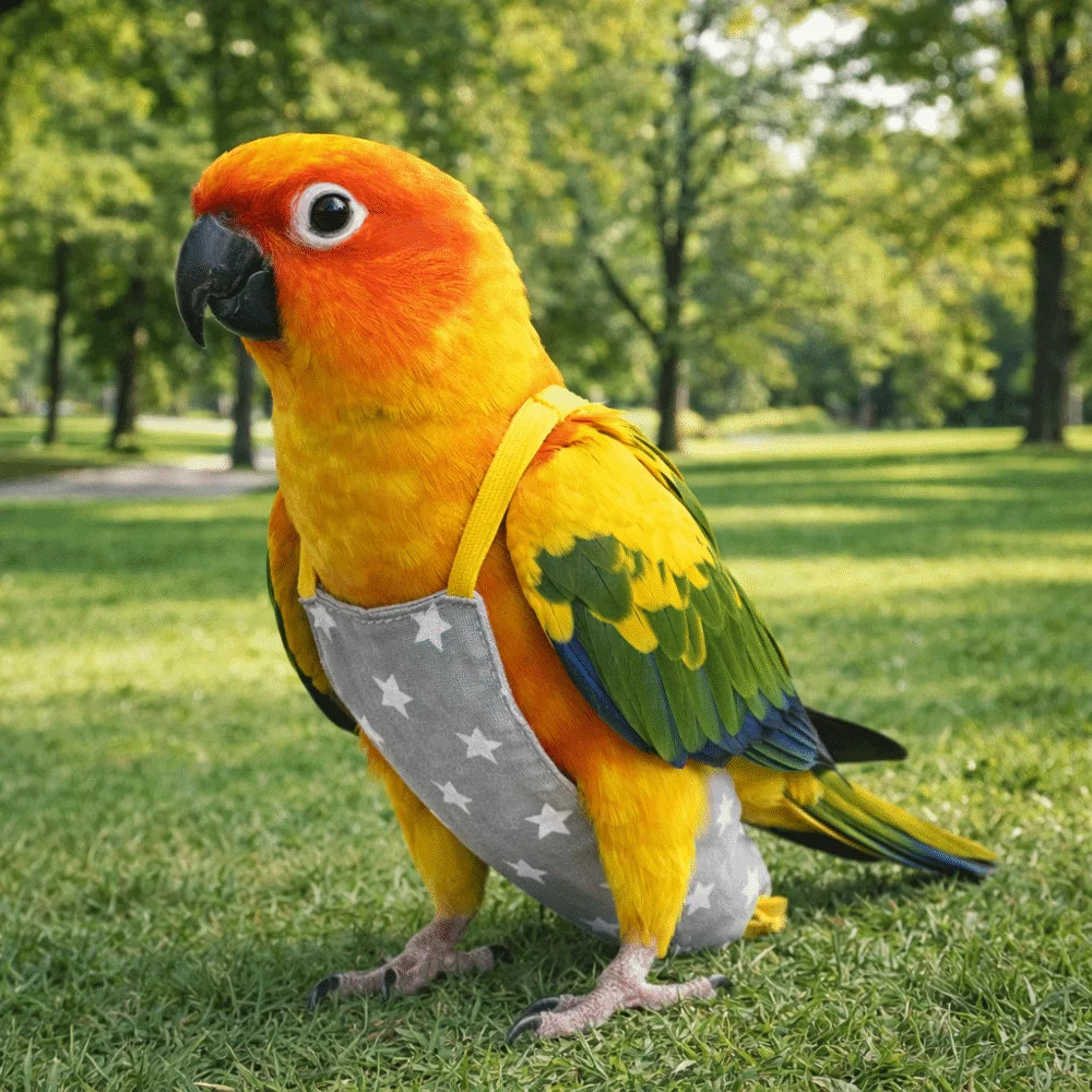 A vibrant orange and yellow parrot standing on green grass wearing a gray flight suit.
