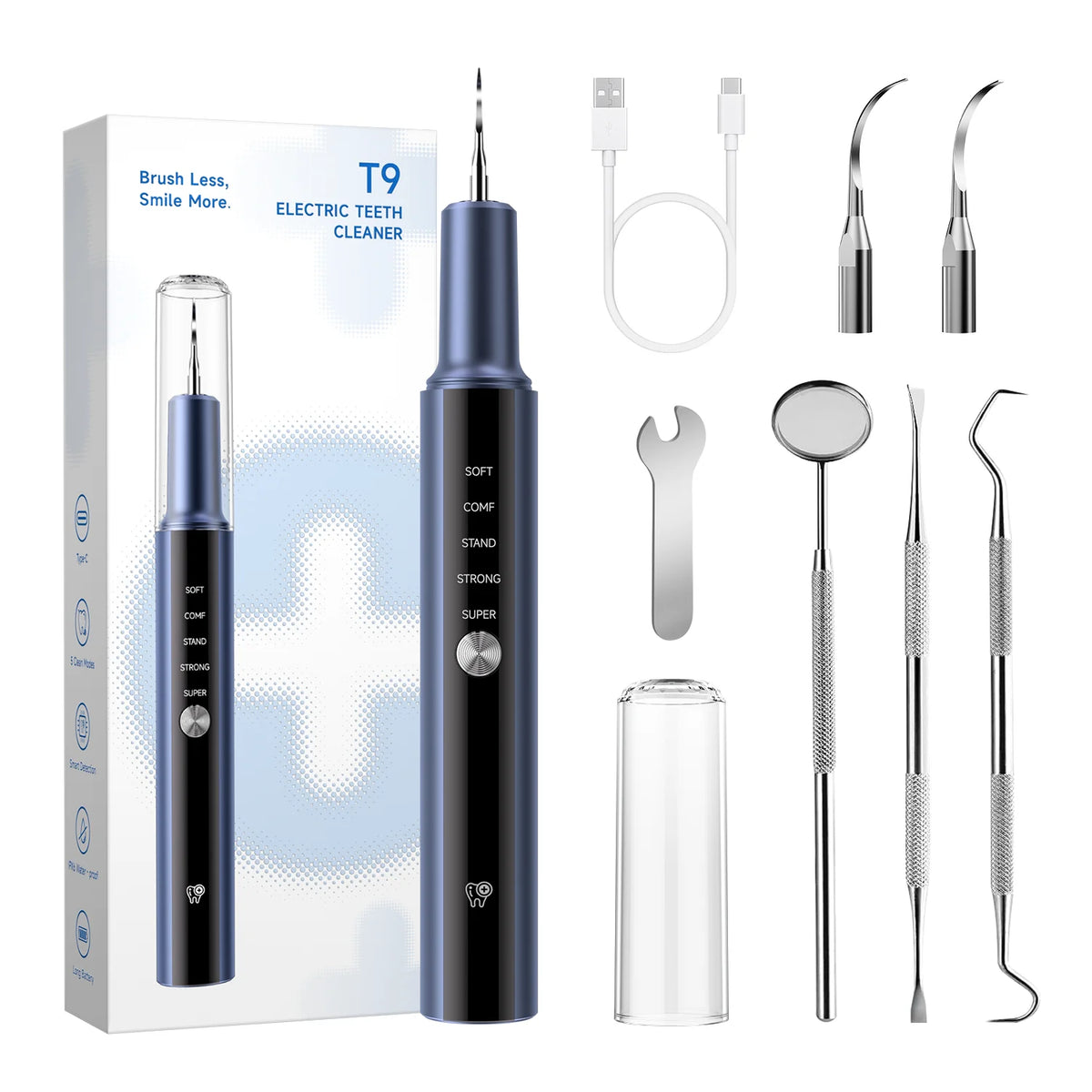 A box and various tools for the T9 electric teeth cleaner device, including a cleaning probe and dental instruments.