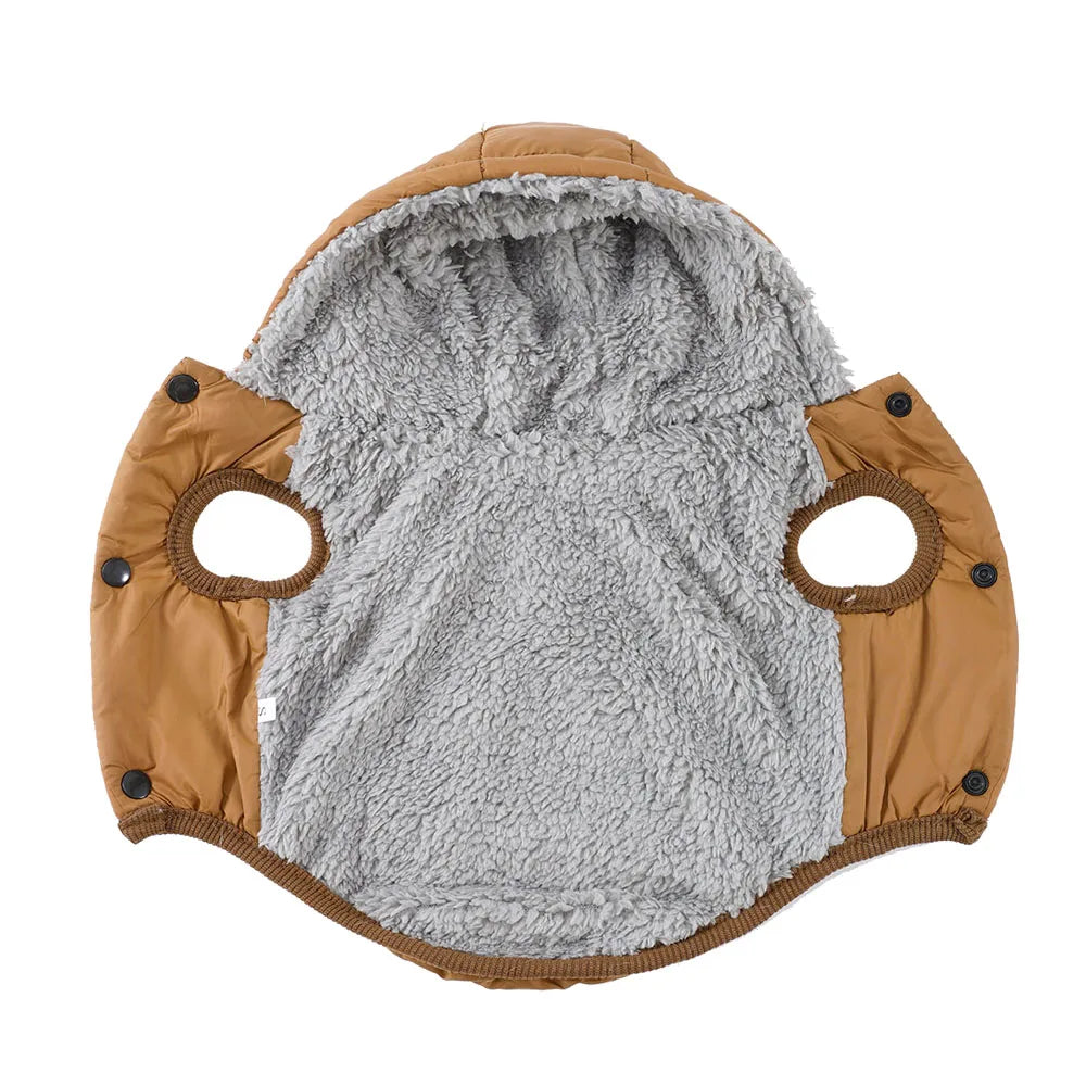 A brown hooded jacket with a gray faux fur lining and waterproof shell details.