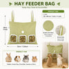 A green hay feeder bag with sturdy hooks for rabbits, pigs, and chinchillas.