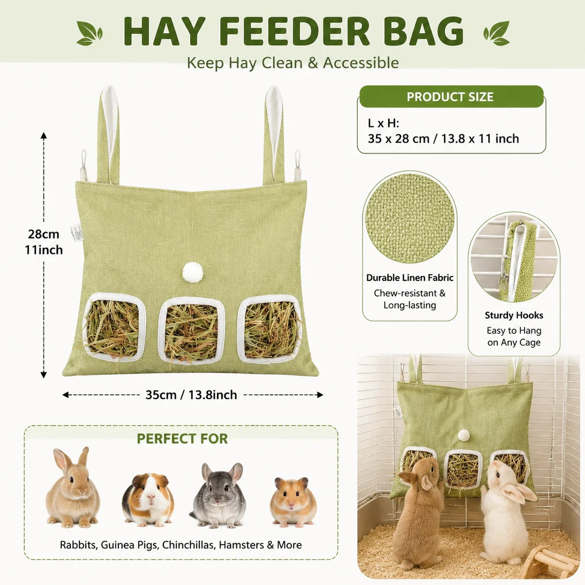 A green hay feeder bag with sturdy hooks for rabbits, pigs, and chinchillas.