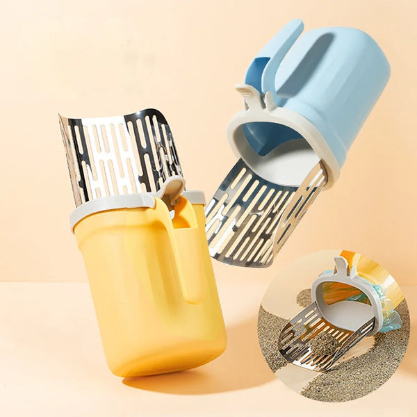 A stainless steel cat litter shovel and a blue plastic refill bag are shown on a light background.