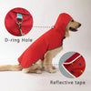 Red dog raincoat with D-ring hole and reflective tape shown on a dog.