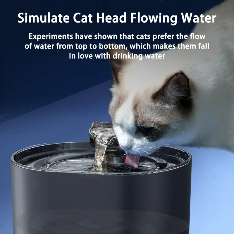 A cat is drinking water from a dark-colored fountain, simulating the flow of water from top to bottom.