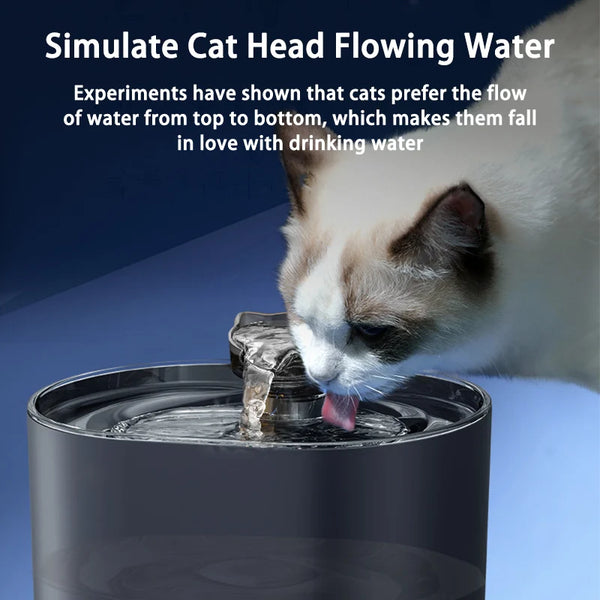 A cat is drinking water from a dark-colored fountain, simulating the flow of water from top to bottom.
