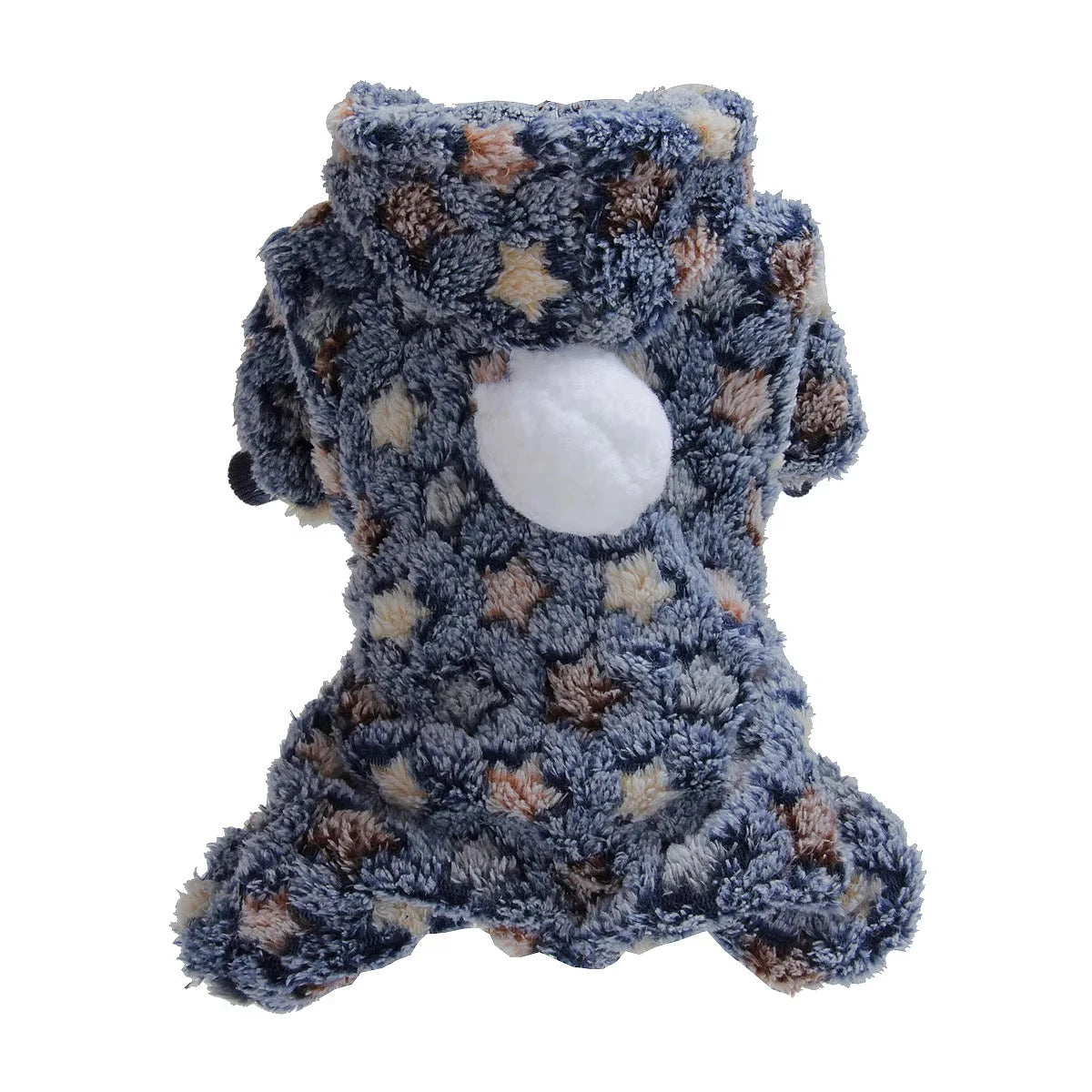 Prenda de ropa para perros de franela con estampado azul oscuro y marrón peludo.