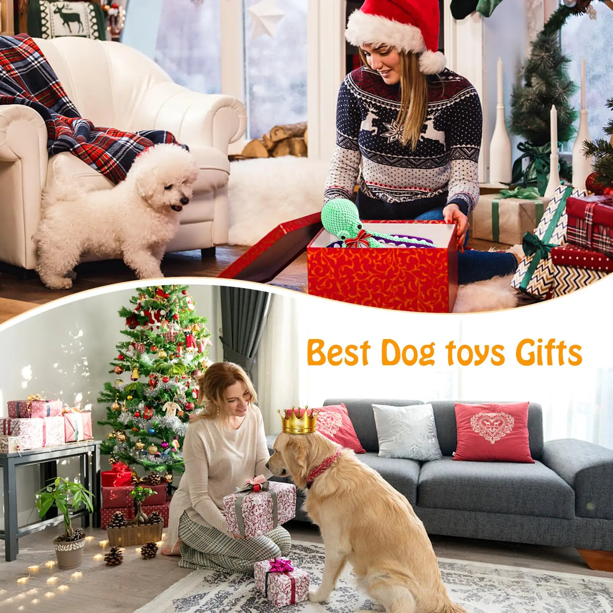 A woman is playing with a golden dog toy in a living room setting.