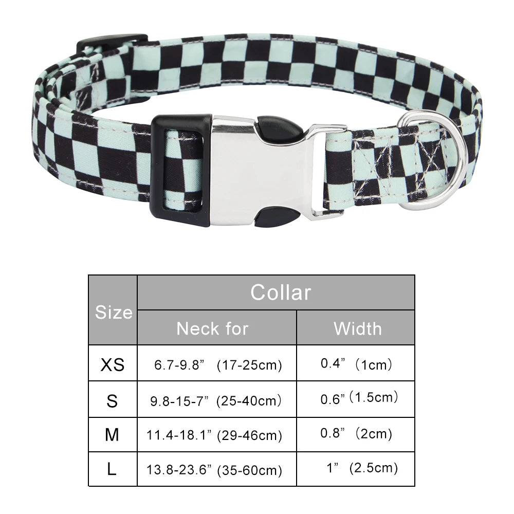 Adjustable checker pattern dog collar in black and light green for small, medium, and large dogs