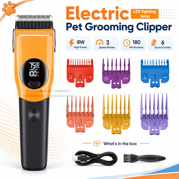 Orange pet grooming clipper with LED light showing various guard combs and accessories
