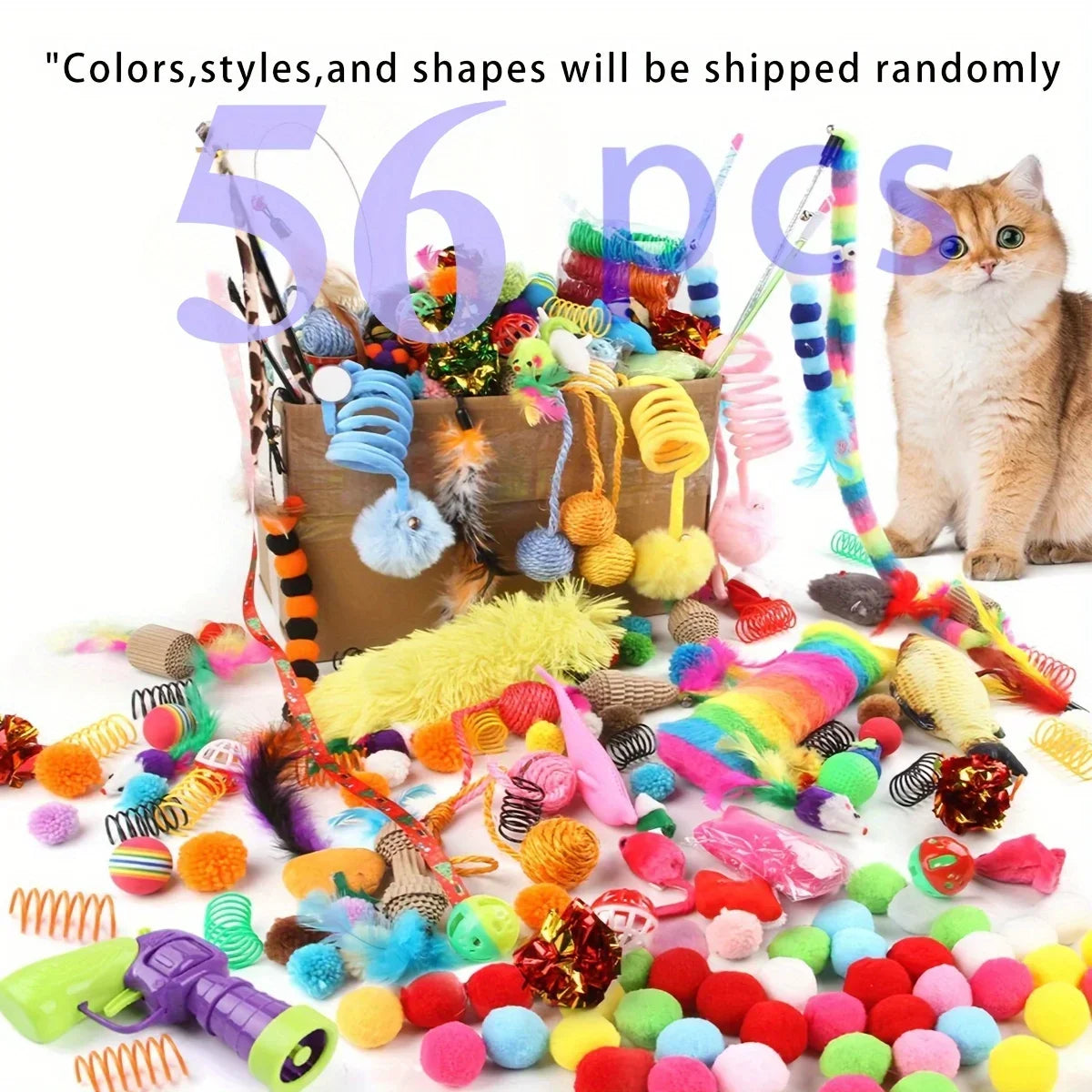A bundle of mixed cat play toys including colorful pom-poms, feathers, and string toys.