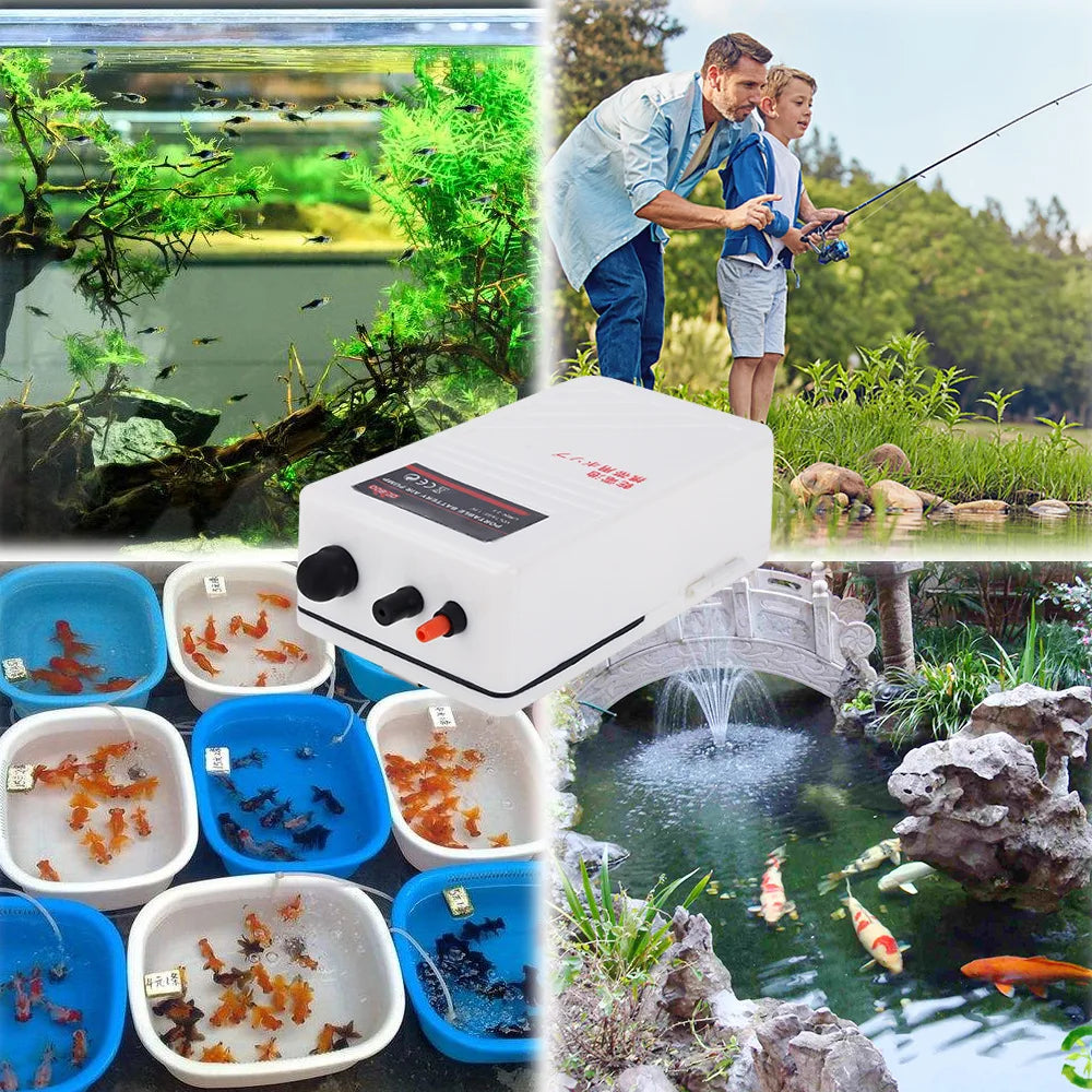 A portable backup oxygen pump for aquariums is shown with various colored liquid treatments and fish in a natural outdoor set
