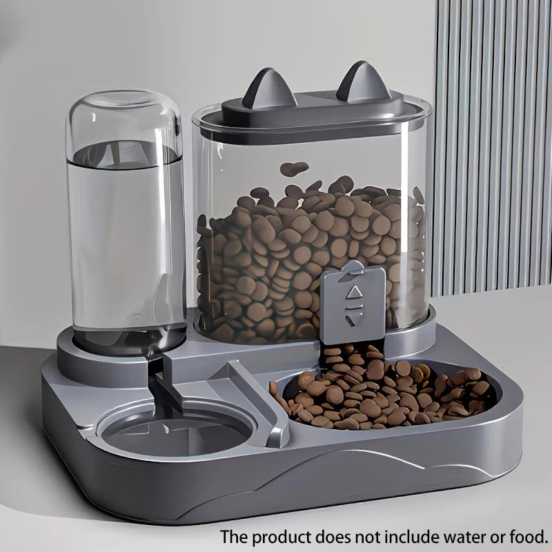 Grauer Napf und Wasserverteiler mit transparentem Tank für Wasser und Futter.