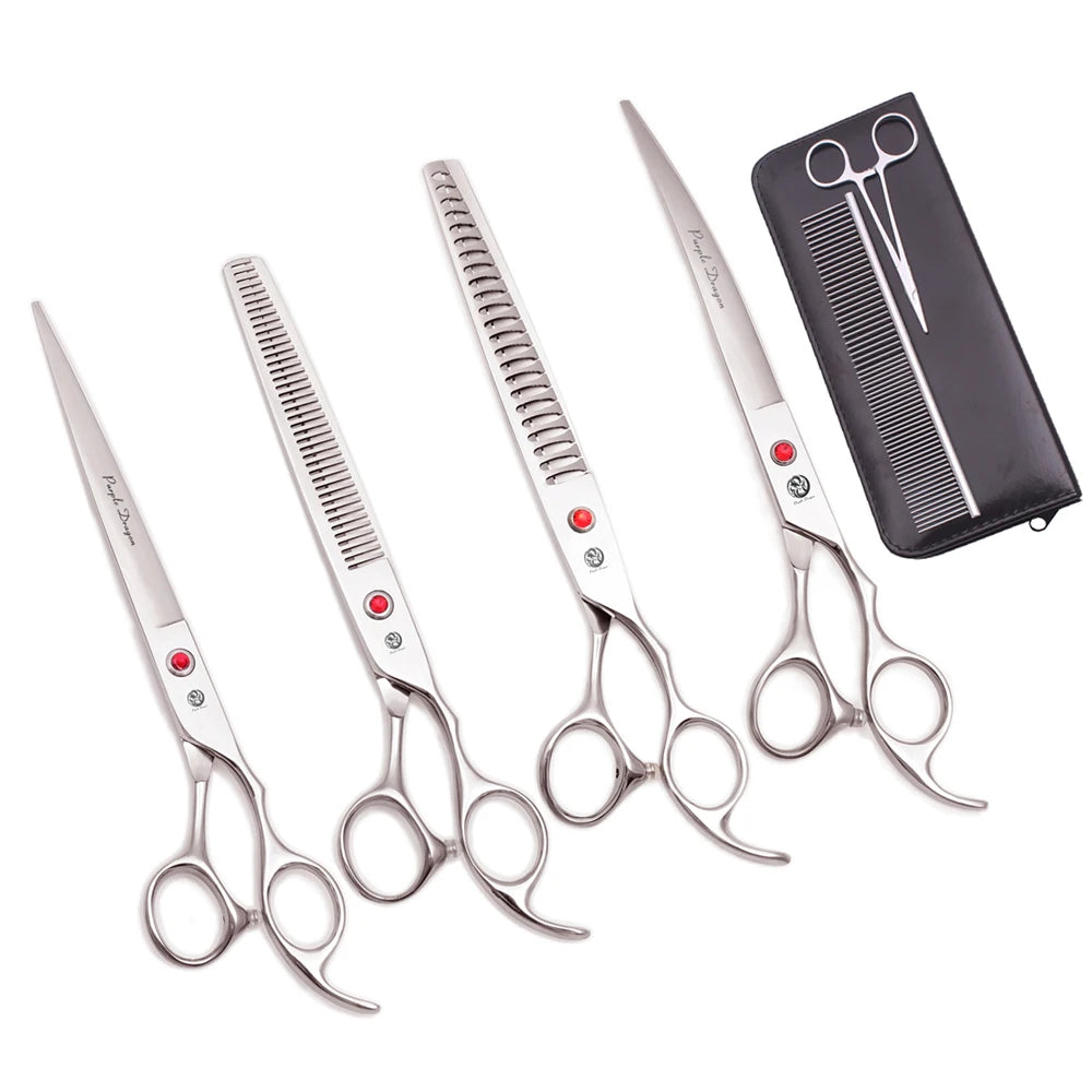 Set professioneller Edelstahl-Pflegeschere und -kämme für Haustiere in schwarzem Etui.