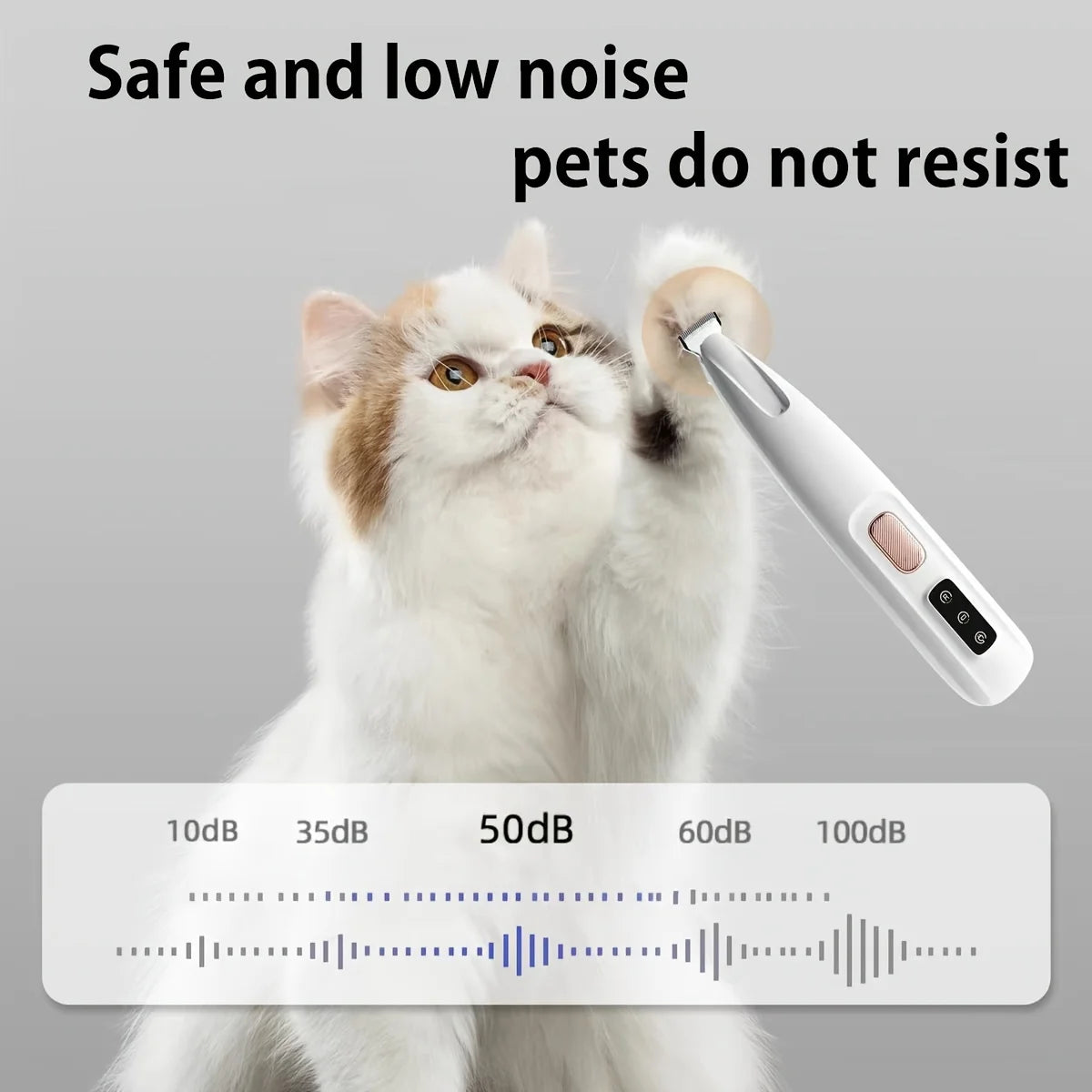 A fluffy white cat looks up at a cordless pet grooming trimmer with an LED light, demonstrating that pets do not resist.