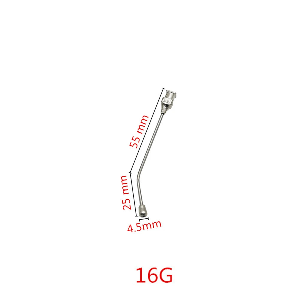 Stainless steel bird feeding syringe with various sized needles and a 16G marking.