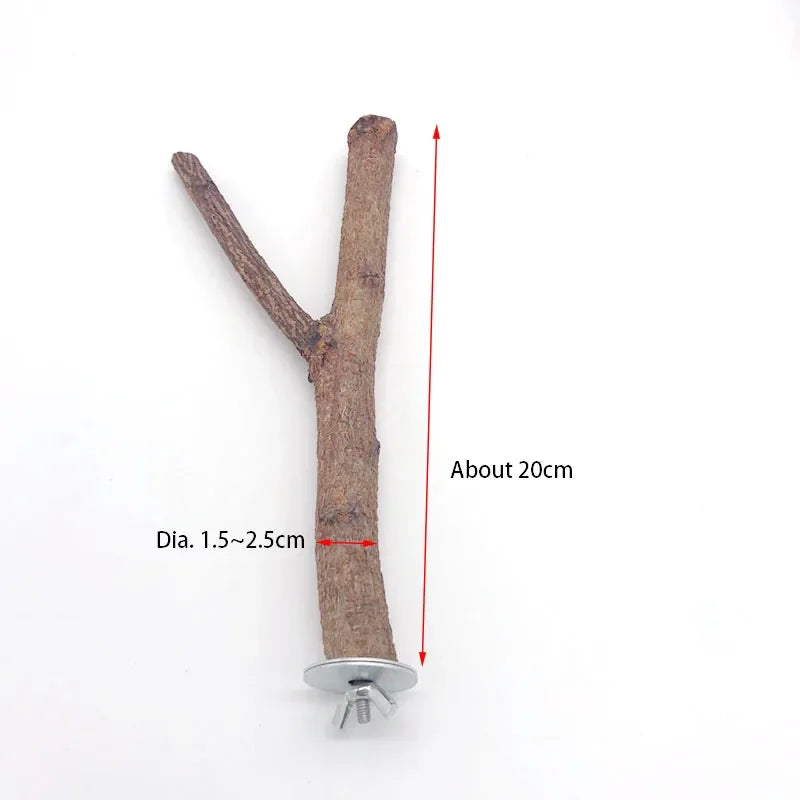 Perchoir ou jouet à mâcher en bois naturel en forme de 'Y', mesurant environ 20 cm et ayant un diamètre de 1,5 à 2,5 cm.