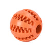 An orange rubber ball designed for interactive treat dispensing for dogs.