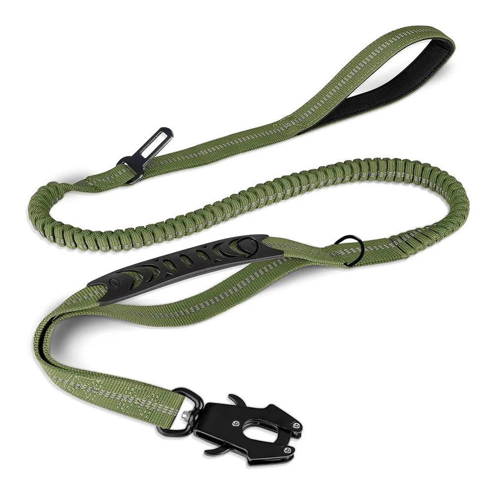 A tactical dog leash made of green nylon webbing with black hardware.