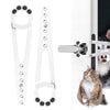 White adjustable cat door latch with stabilizer and a silver latch mechanism shown next to a cat