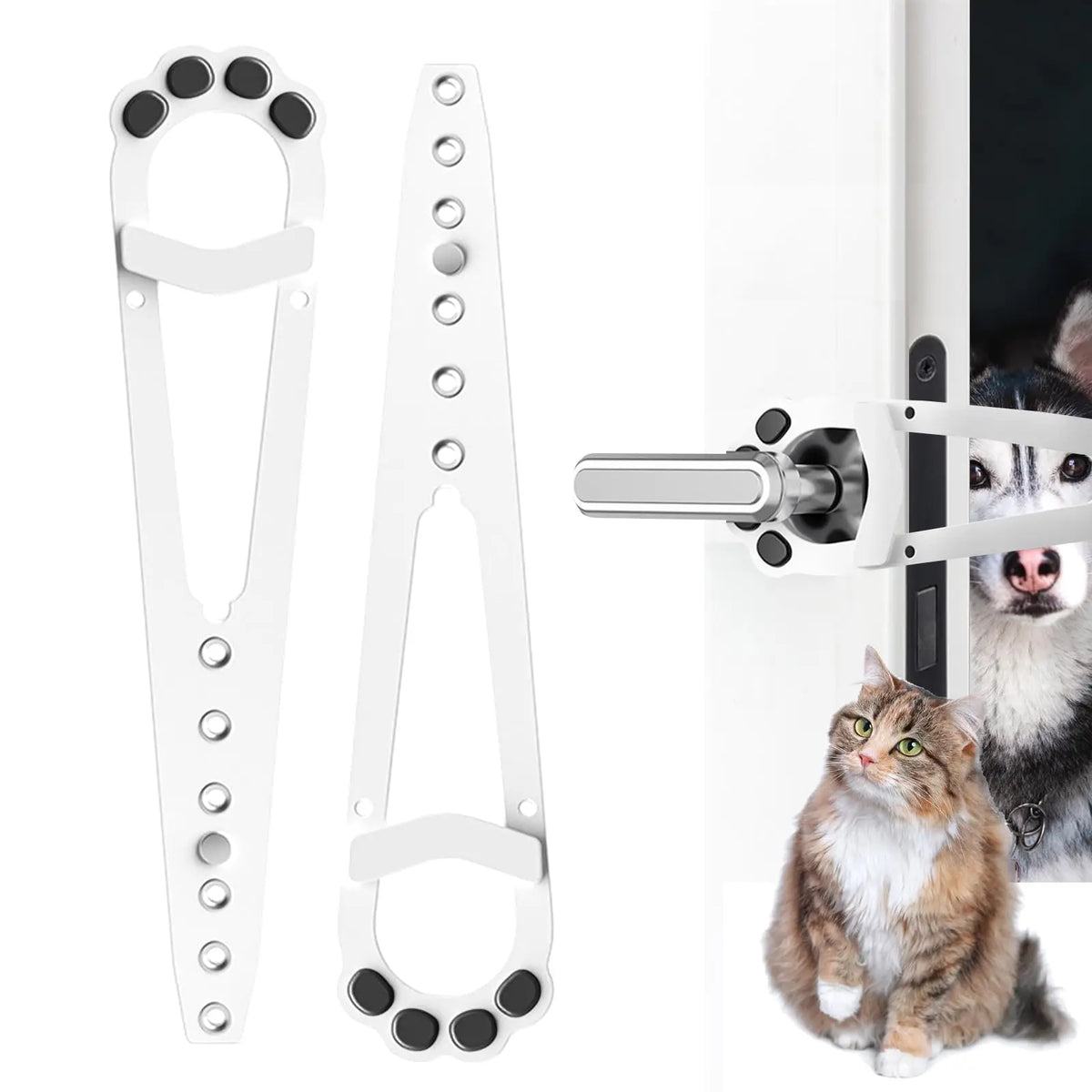 White adjustable cat door latch with stabilizer and a silver latch mechanism shown next to a cat