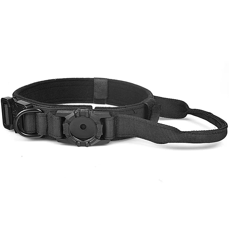 Black tactical dog GPS collar with an airtag holder attached for tracking pets.