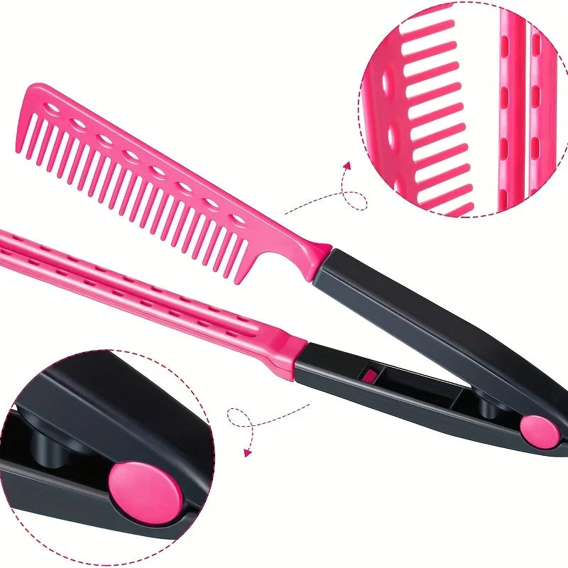 Peigne pour lisser les cheveux en forme de V, rose et noir, avec plaque chauffante et peigne.