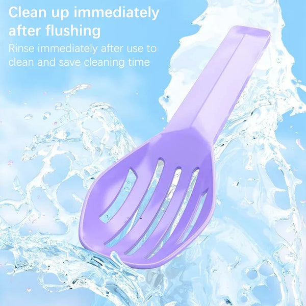 A purple pet litter scooper is shown being rinsed under clear water.