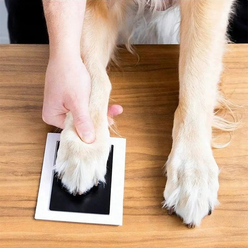 A hand places a paw print on a black pad for a pet keepsake kit.
