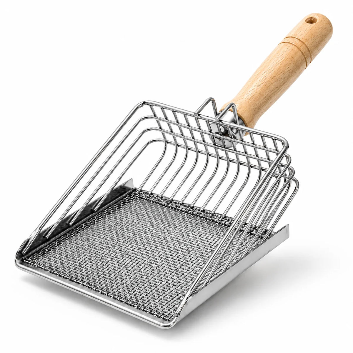 Stainless steel cat litter scoop with a wooden handle and fine mesh sifter