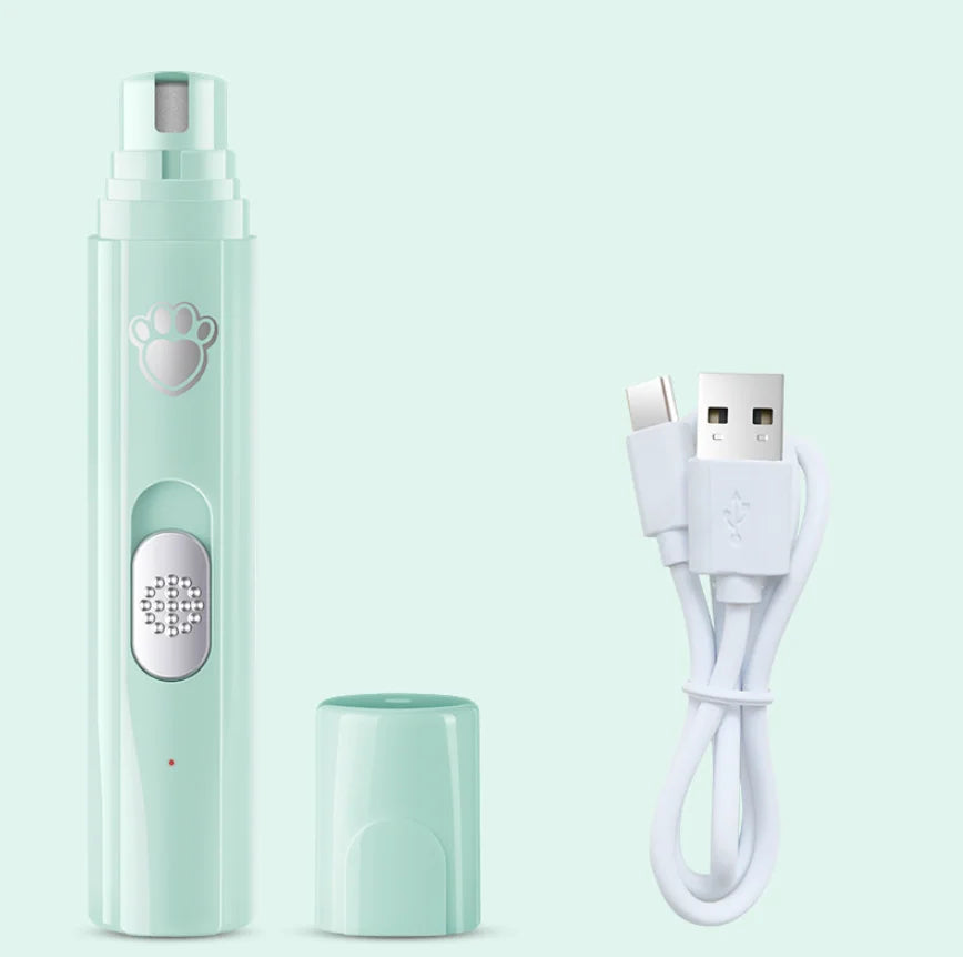 A light mint green dual speed pet nail trimmer with a white charging cable and a cylindrical accessory.