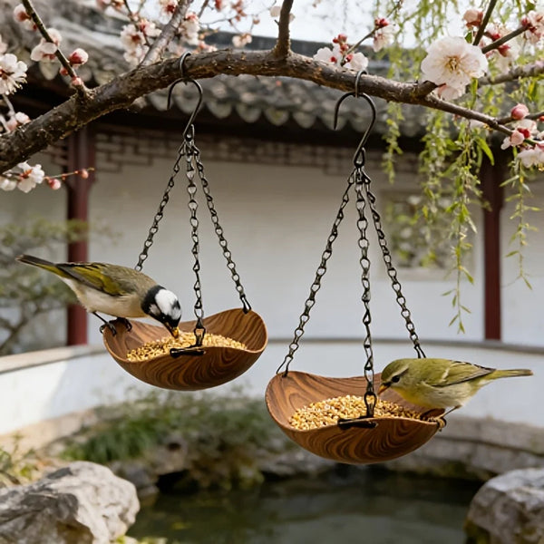 Two wooden bird feeders with hanging iron chains suspended from a tree branch over a water feature.