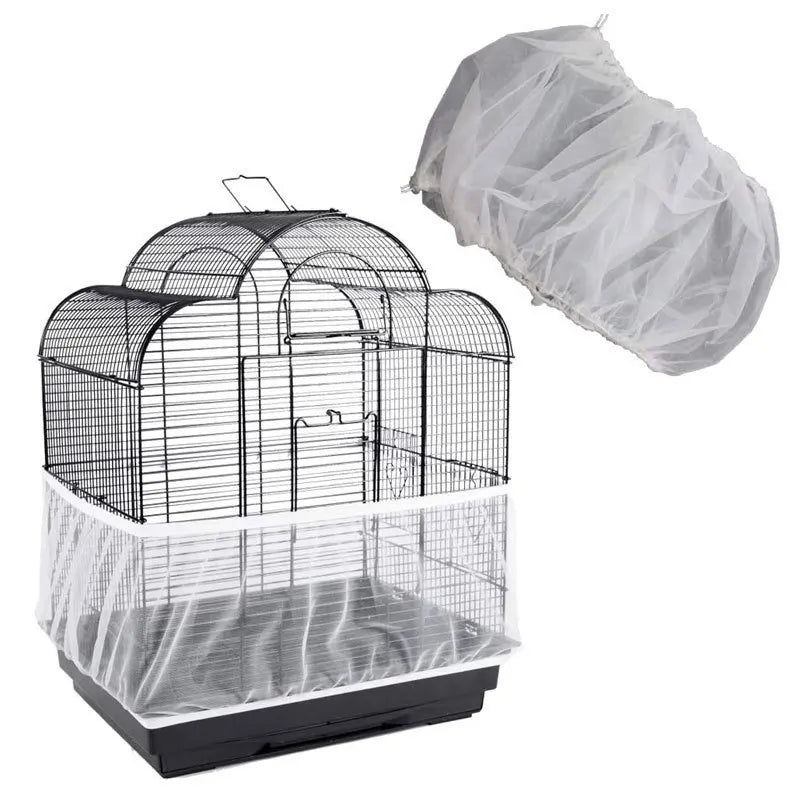 A clear mesh bird cage cover and a loose plastic bag are shown next to a black cage.