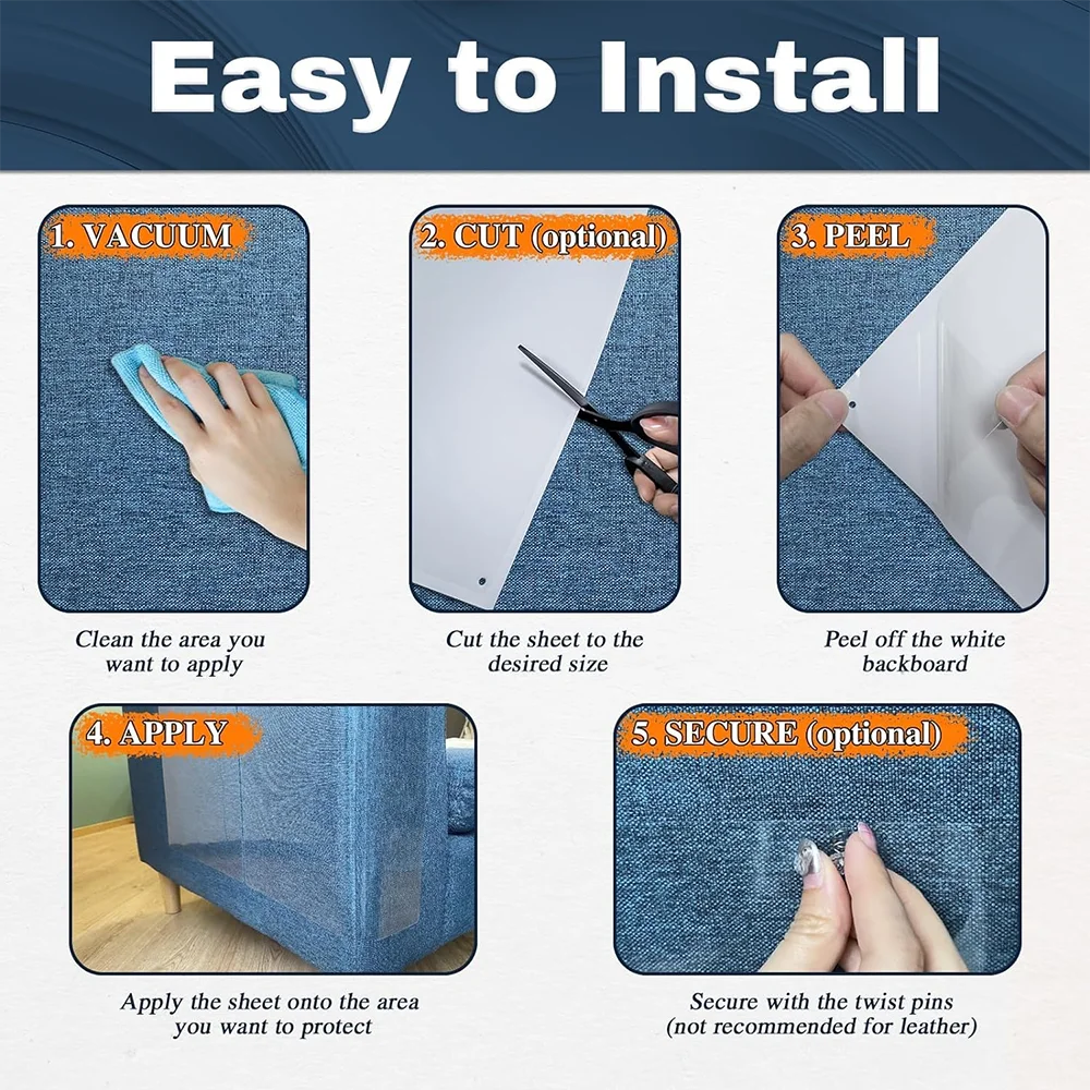 Five steps guide for easily installing a transparent cat scratch deterrent tape on furniture.