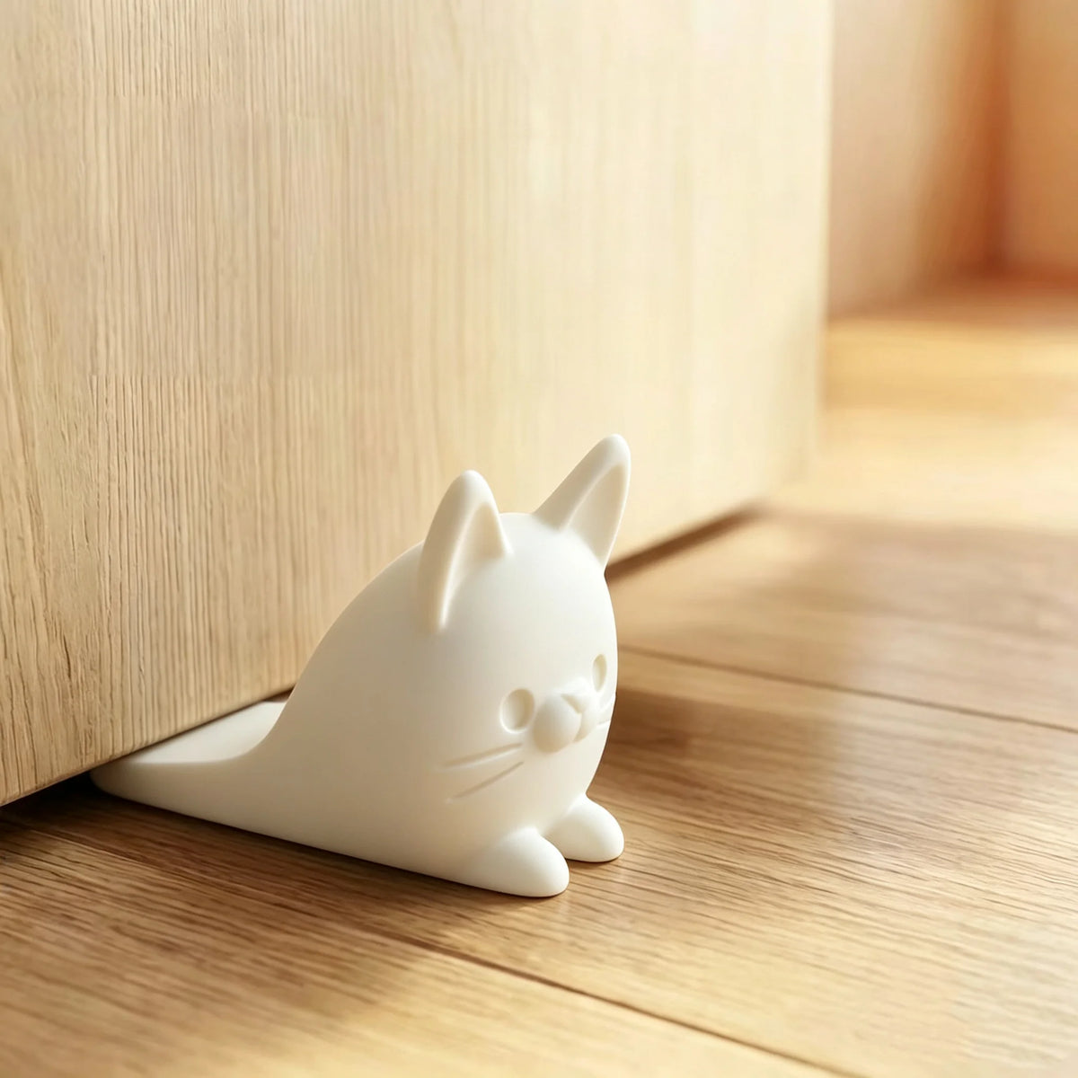 A white anti-slam door stopper wedge shaped like a cat rests on a wooden floor.