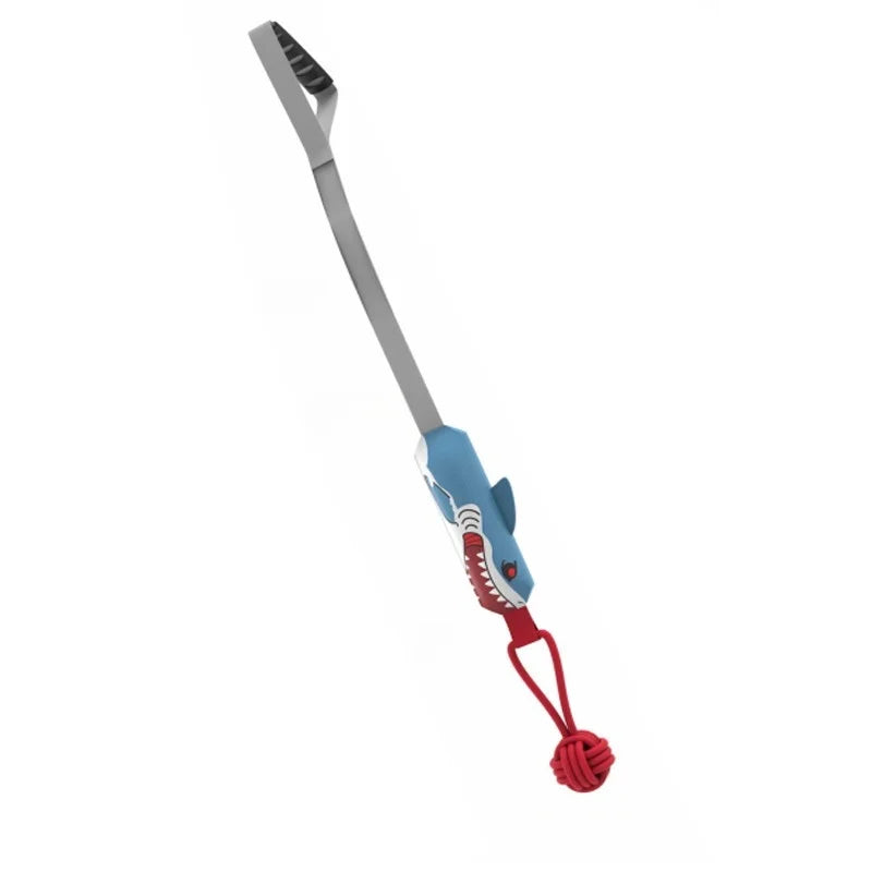 A gray and blue durable dog tug-of-war rope toy with a handle and knot at the end.