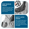 Diagrams showing the snap buckles design and safety latch design of a pet carrier sling bag