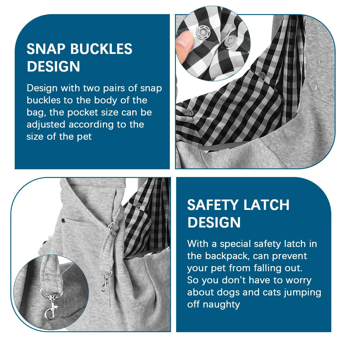Diagrams showing the snap buckles design and safety latch design of a pet carrier sling bag
